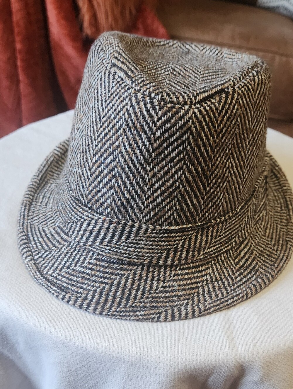 Herringbone Pattern Fedora Hat - Black & Cream, with hint light brown